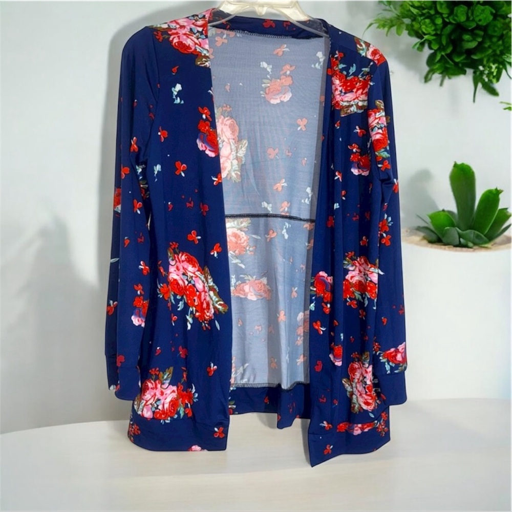 Navy Blue Floral Open Front Long Sleeve Cardigan
